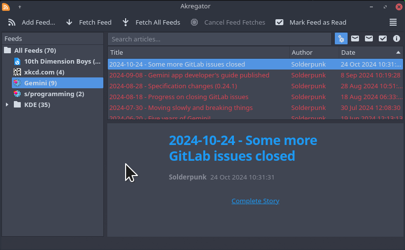 Screenshot of Gemini news in Akregator, proxied by Gem2Browser