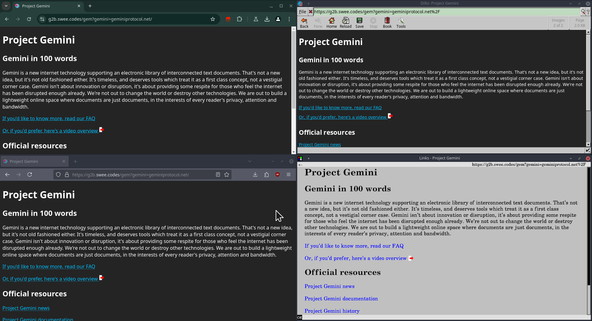 Screenshot of testing Gem2Browser in different browsers